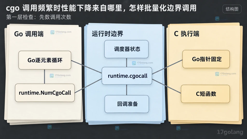 Go逐元素循环、runtime.cgocall 和 C短函数之间的静态成本结构图