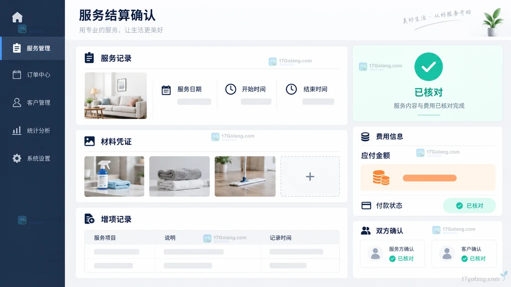 包含服务日期、开始结束时间、材料凭证、增项记录、应付金额和双方确认的原创结算单界面