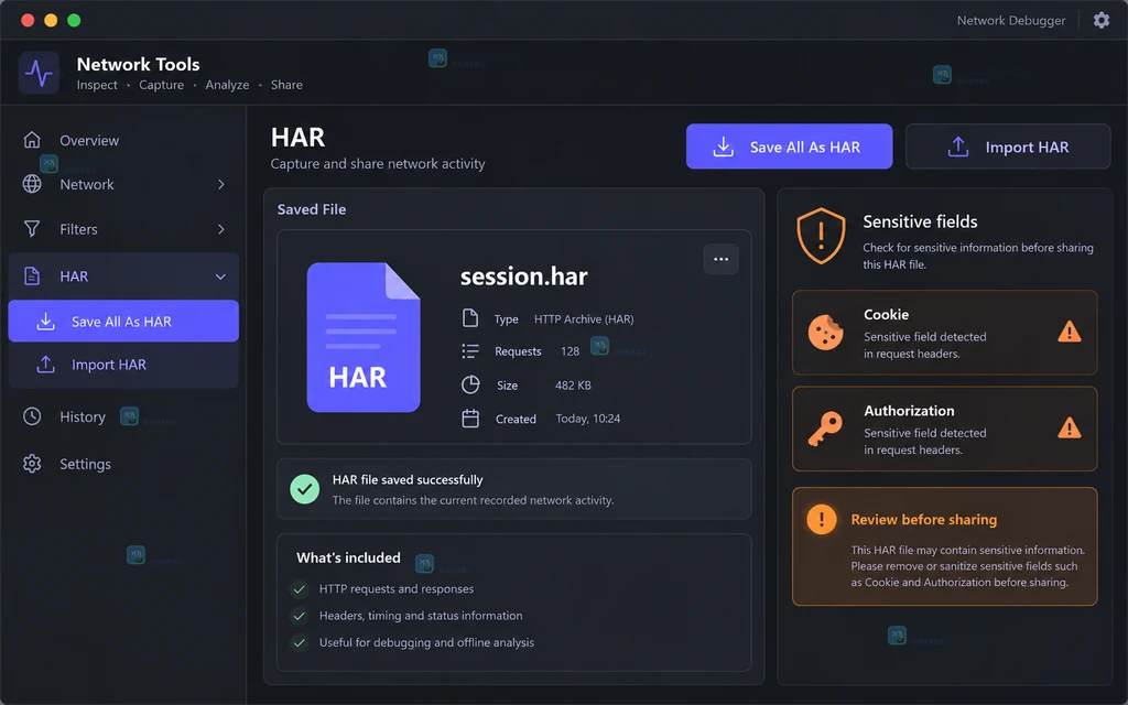 原创网络工具界面展示 HAR 保存、导入和敏感字段检查