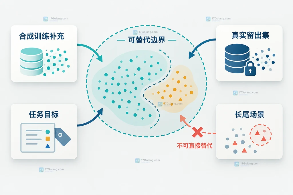 真实留出集、合成训练补充、任务目标和长尾场景的替代边界说明图
