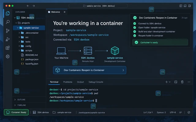 VS Code 如何把远程 Dev Container 会话接入 SSH 项目
