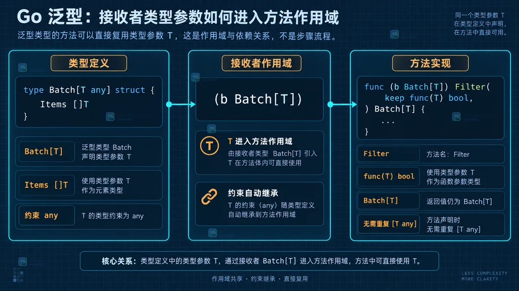 Batch 泛型类型、接收者规格和 Filter 方法之间的 T 类型参数作用域静态结构图