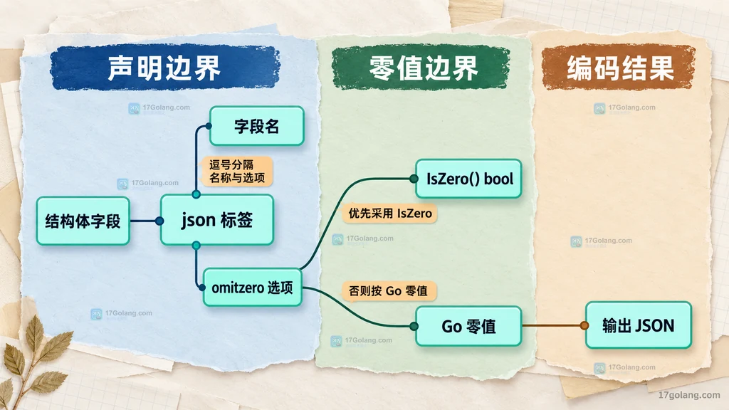 encoding/json/v2 中结构体字段、json 标签、omitzero 选项、IsZero 与 Go 零值的静态边界图
