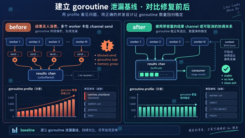 Go HTTP 服务通过 pprof 采集 goroutineleak profile 的结构示意图