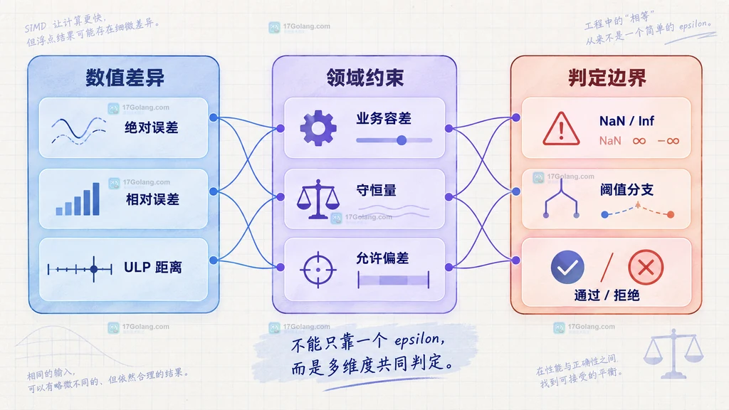 绝对误差、相对误差、ULP 距离、业务容差和判定边界的静态关系图