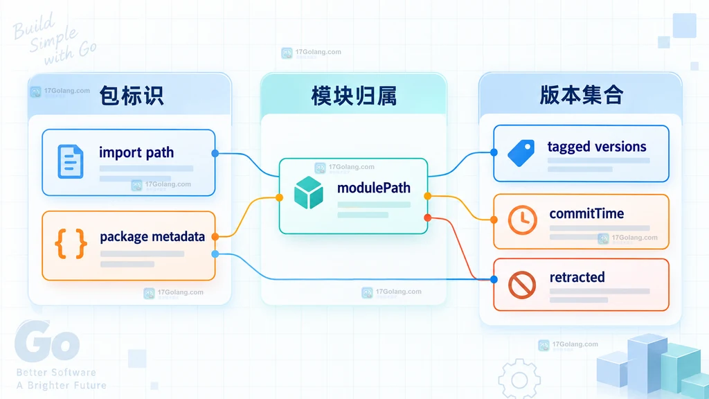 pkg.go.dev API 中导入路径、模块路径和版本集合字段的静态关系图