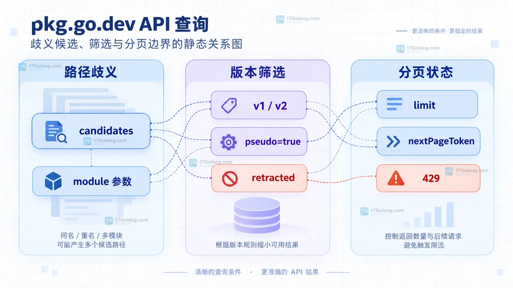 pkg.go.dev API 中路径歧义、版本筛选、分页状态和限流的静态关系图