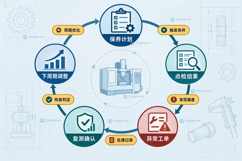 机床预防性保养台账从设备身份连接到计划、执行项目、检查结果和复核责任的字段关系说明图