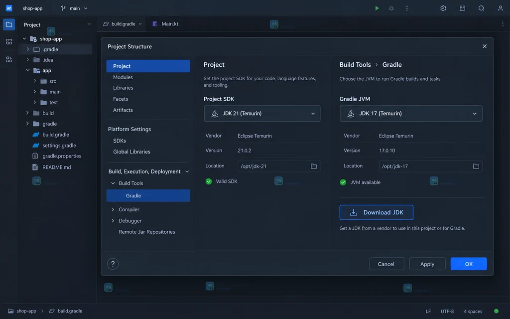 JetBrains IDE 项目 SDK、Gradle JVM 与 Download JDK 入口的原创界面说明图