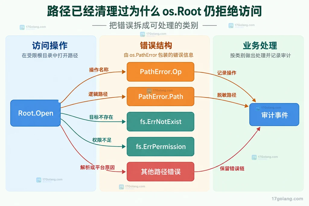 Root.Open、PathError 字段与可移植错误类别的结构关系