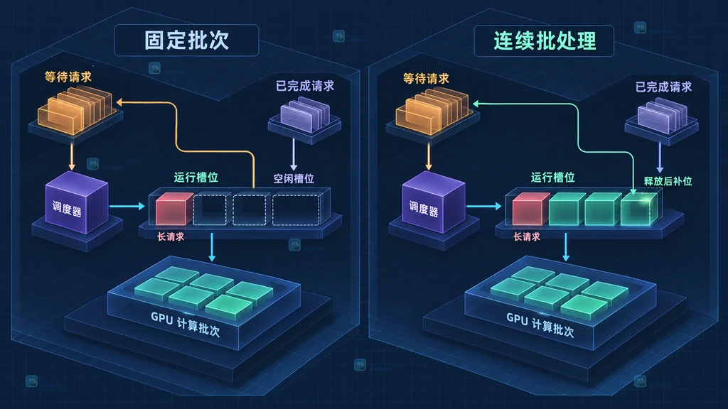 固定批次与连续批处理的槽位利用关系说明图