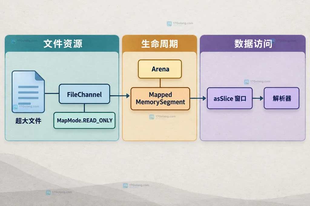 Java 超大文件映射中 FileChannel、Arena、MemorySegment 与窗口切片的静态职责关系图
