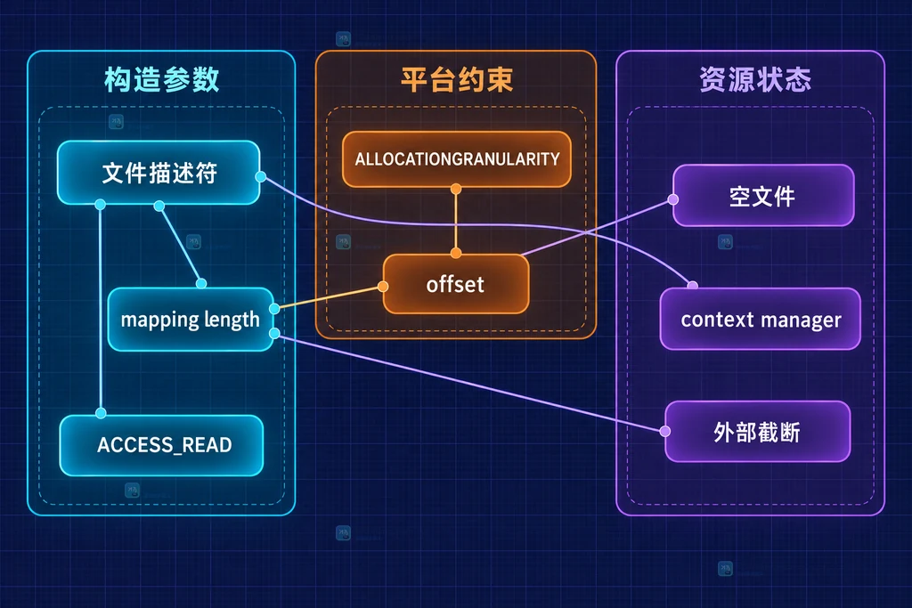 Python mmap 文件描述符、映射粒度、访问模式和资源状态的静态关系图