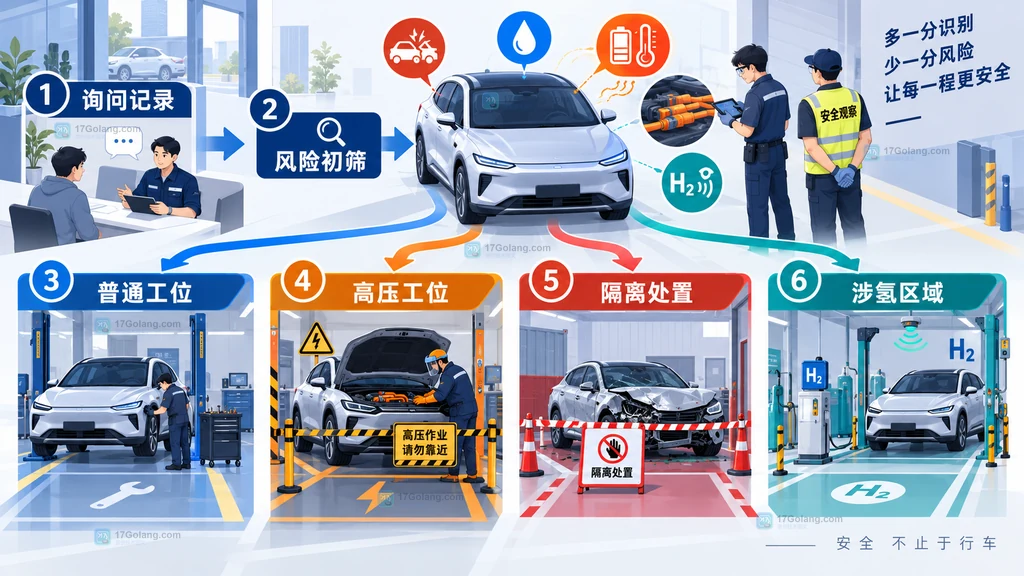 新能源车辆接车时从风险询问、车辆初筛到普通工位、高压专用工位、异常隔离和涉氢区域的原创分流示意图