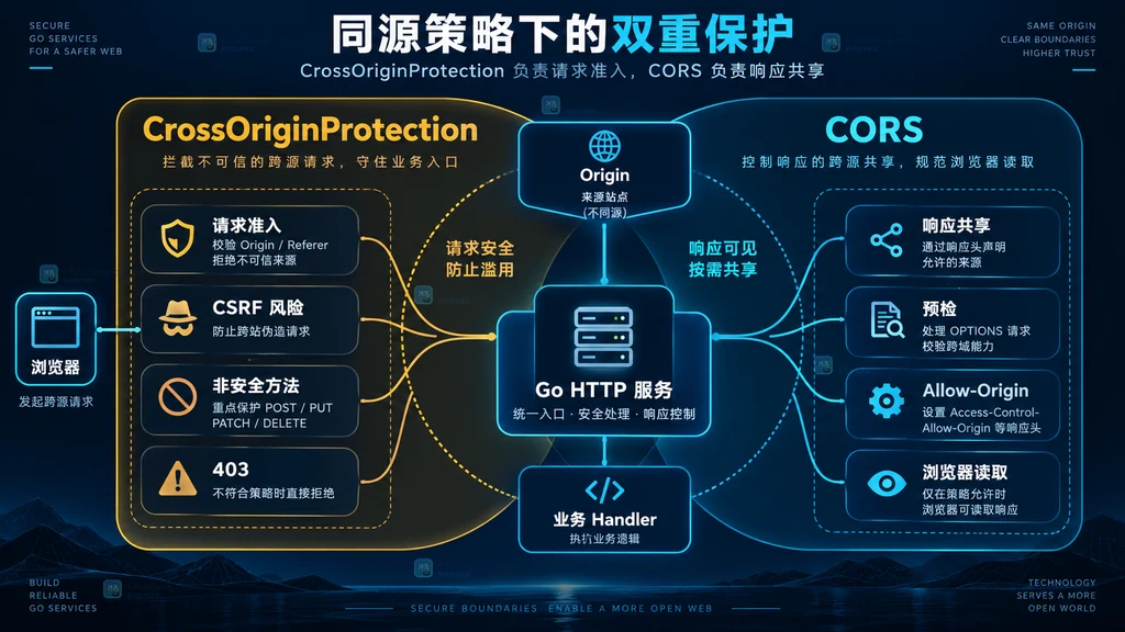 Go CrossOriginProtection 请求准入边界与 CORS 浏览器响应共享边界的静态关系说明图