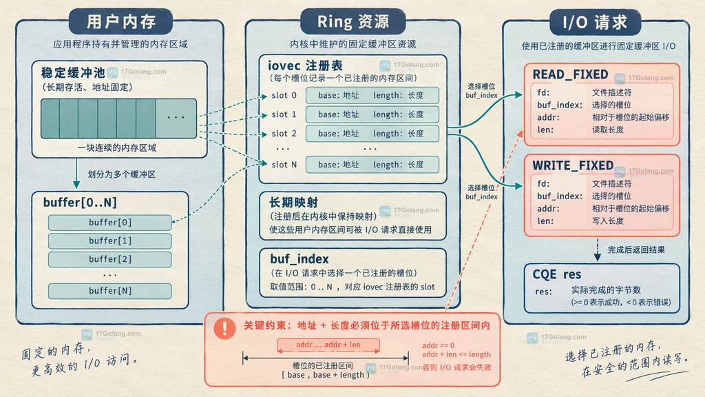 用户缓冲池、iovec 注册表、内核长期映射、buf_index 与 READ_FIXED WRITE_FIXED 请求之间边界关系的静态结构图