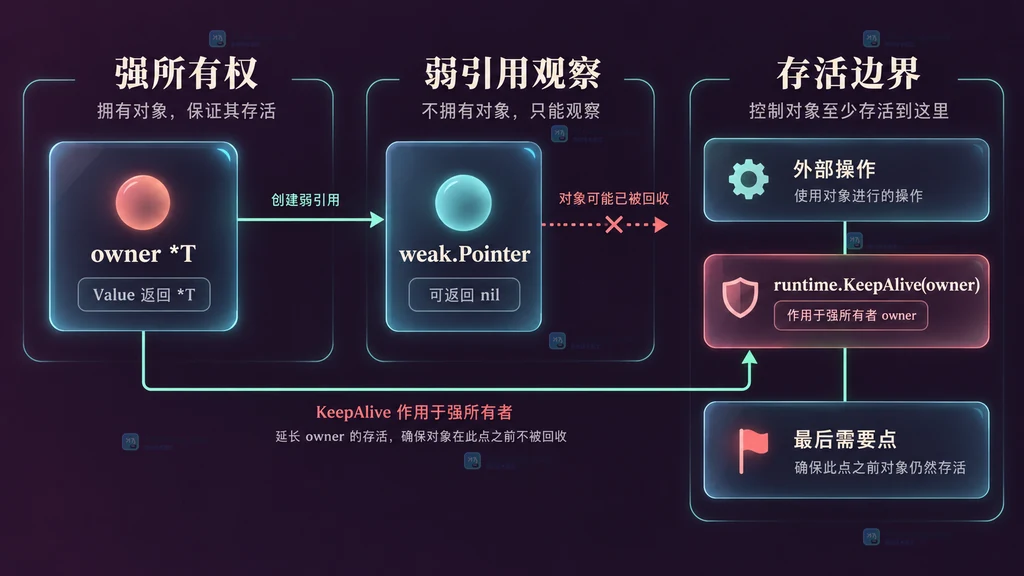 强所有者、weak Pointer、Value 返回的普通指针、外部操作与 runtime KeepAlive 存活边界的静态关系图