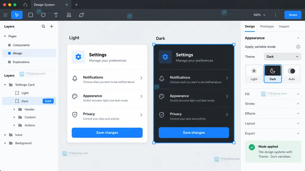 同一设置卡片在 Light 与 Dark 变量模式下并排对照的原创结果示意图