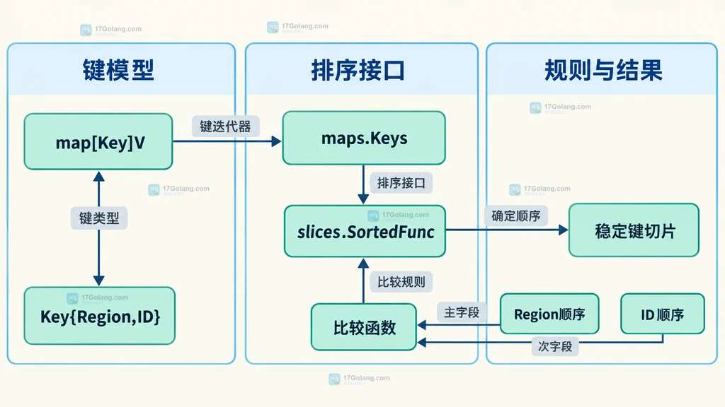 结构体键通过 maps.Keys 与 slices.SortedFunc 按 Region 和 ID 两个字段排序的静态结构图