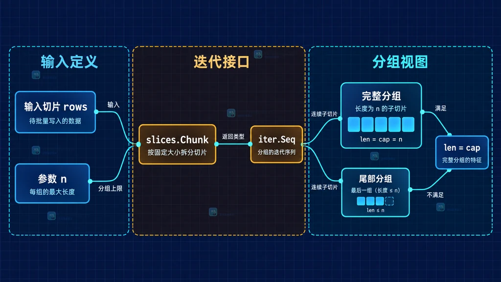 Go slices.Chunk 输入切片、迭代器与连续子切片的静态结构图