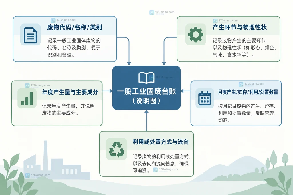 一般工业固废台账从废物代码、产生环节到月度流向的字段关系说明图