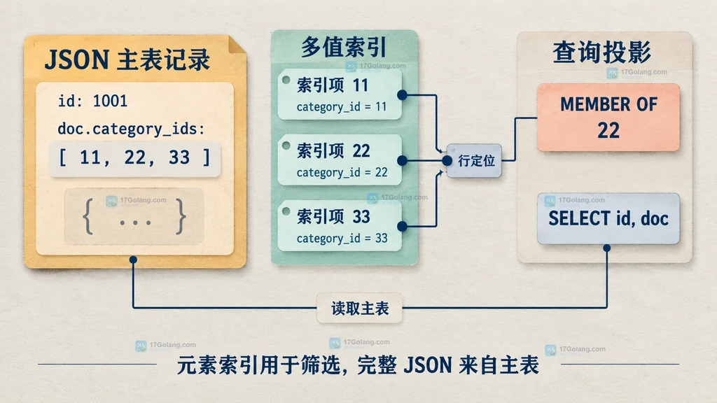 成员过滤、标量覆盖和关系化拆分三种 JSON 数组查询数据模型的静态对照图