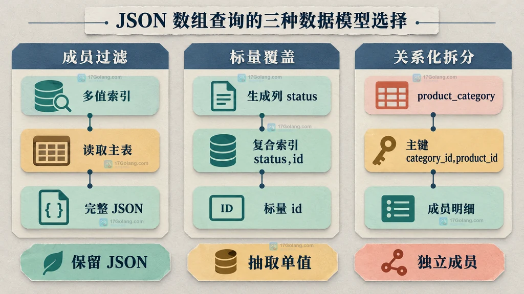 JSON 数组拆成多个多值索引项,成员过滤命中索引而完整 JSON 仍需读取主表的静态关系图