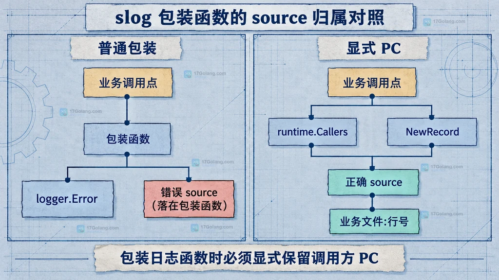 slog 普通包装 source 指向包装层与显式传递 PC 指向业务调用点的静态对照图