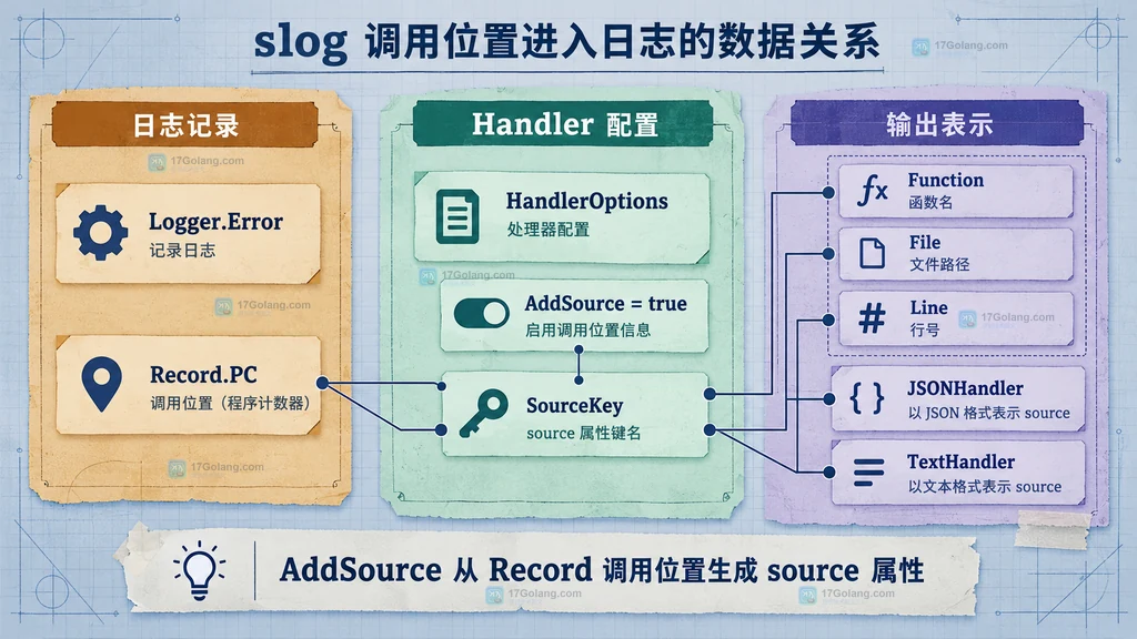 slog Logger Error Record PC HandlerOptions AddSource SourceKey 与输出字段的静态数据关系图