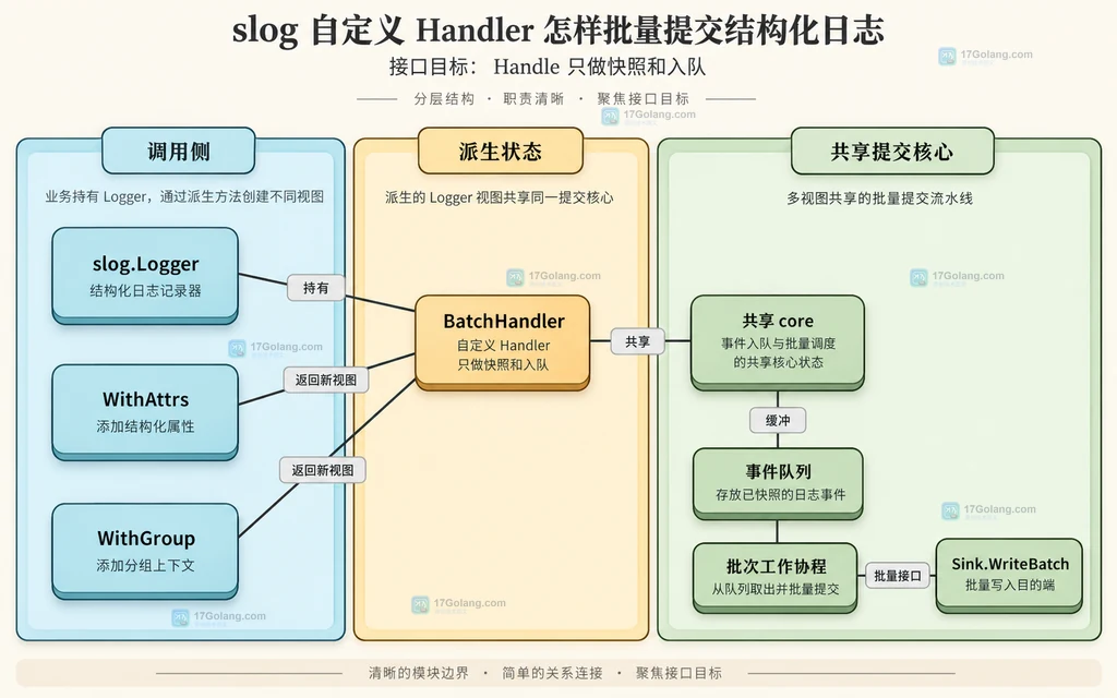slog Logger、派生 Handler、共享 core、事件队列、批次工作协程和 Sink 的静态所有权结构图