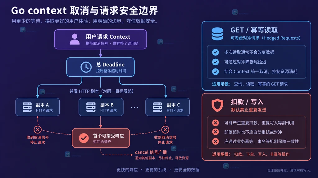 请求入口分成首个请求和延迟启动副本,首个成功后取消慢副本的结构关系