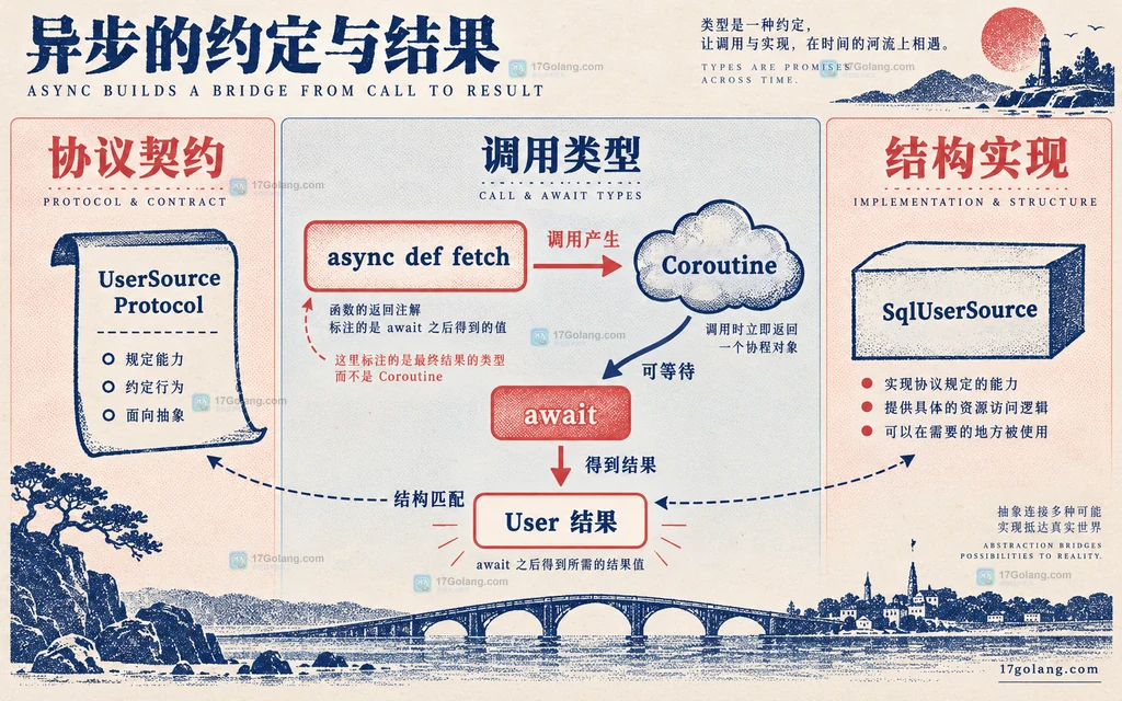 Python Protocol 异步方法从调用到协程再到 await 结果的静态类型关系图