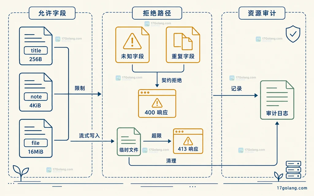 Go multipart 文本字段、文件字段、未知字段与审计响应的静态策略关系图