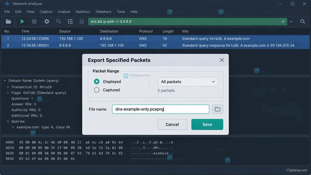 原创网络分析软件导出对话框中选择 Displayed 和 All packets 保存两条 DNS 数据包