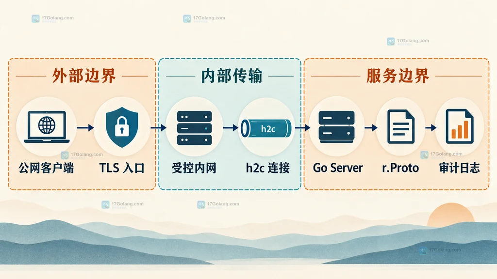 公网 TLS 入口、受控内网、h2c 连接和 Go 服务审计的静态边界图
