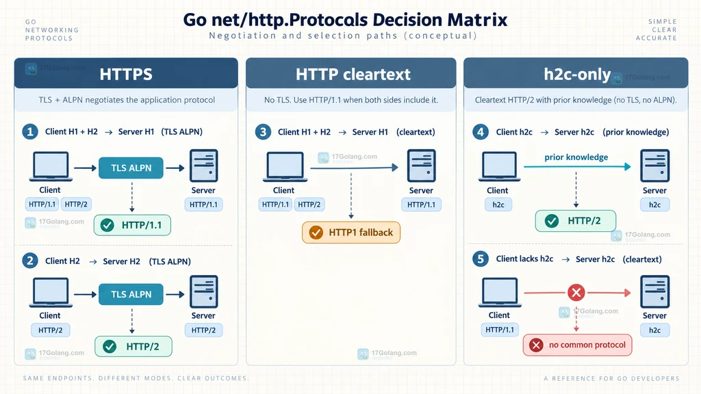 Go Protocols 在 HTTPS、HTTP 和 h2c 场景下的配置决策矩阵说明图