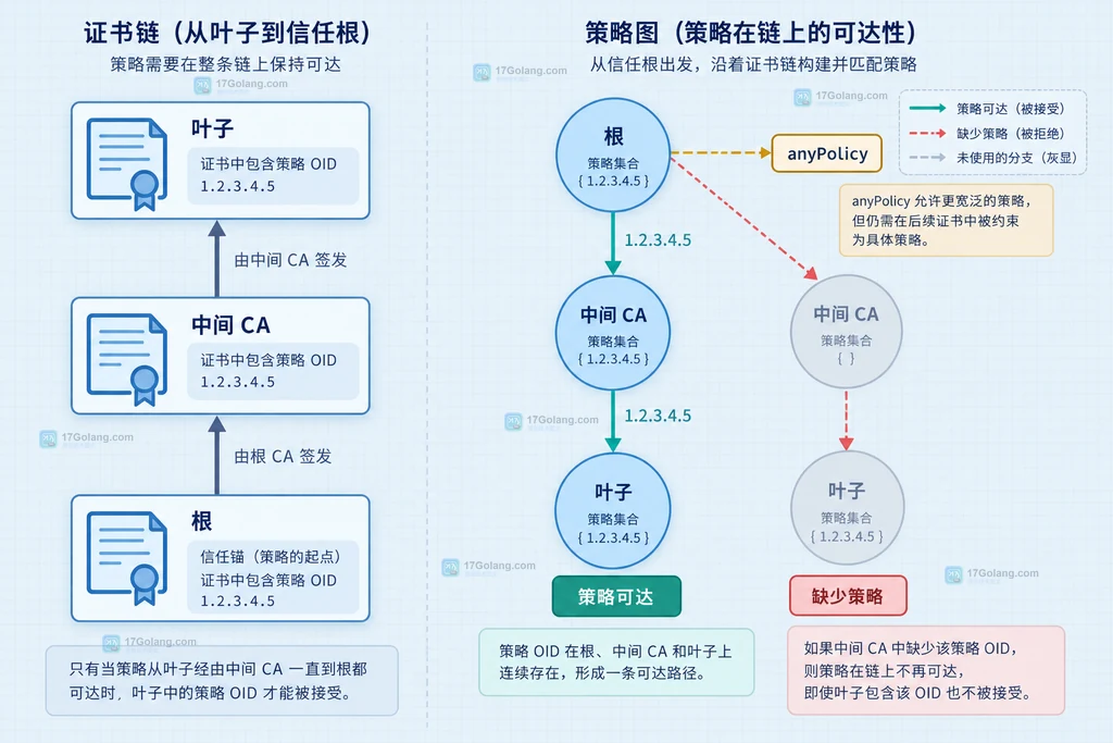 证书链策略图从叶子到根的有效策略关系说明图