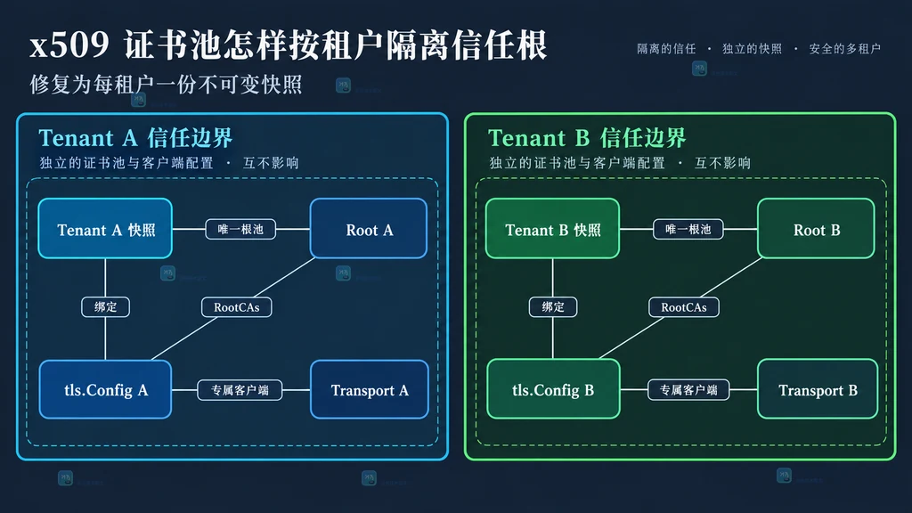 租户配置索引分别连接租户A快照和租户B快照,每个快照绑定自己的根CA、TLS配置与Transport缓存的静态关系图