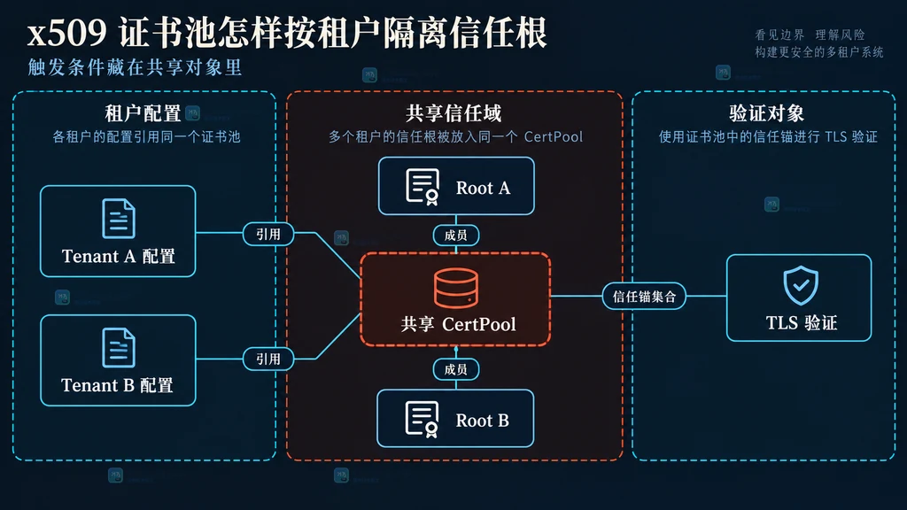 租户A配置和租户B配置共同连接共享CertPool,两个私有根同时进入TLS验证边界的静态关系图