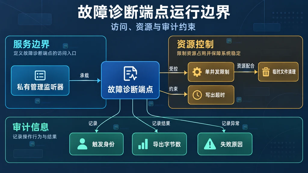 私有管理监听器、故障诊断端点、单并发限制、临时文件清理、写出超时与审计字段的静态边界关系图