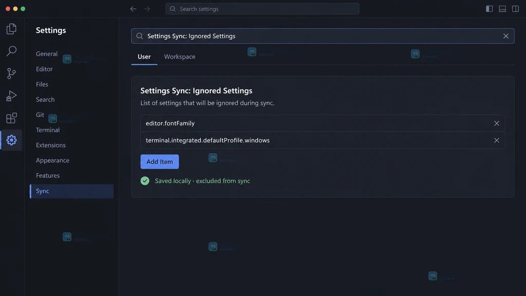 原创 VS Code 风格设置界面说明图，展示 User 标签页中的 Settings Sync Ignored Settings 列表与两个设备相关设置