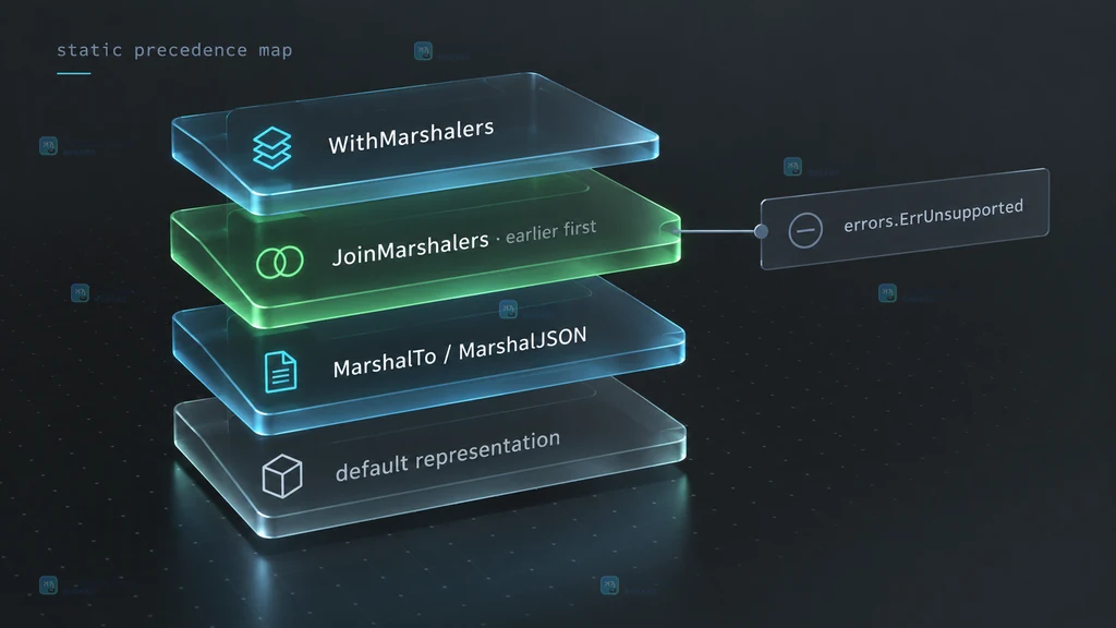 json/v2 中 WithMarshalers、类型方法和默认编码之间优先关系的静态分层图