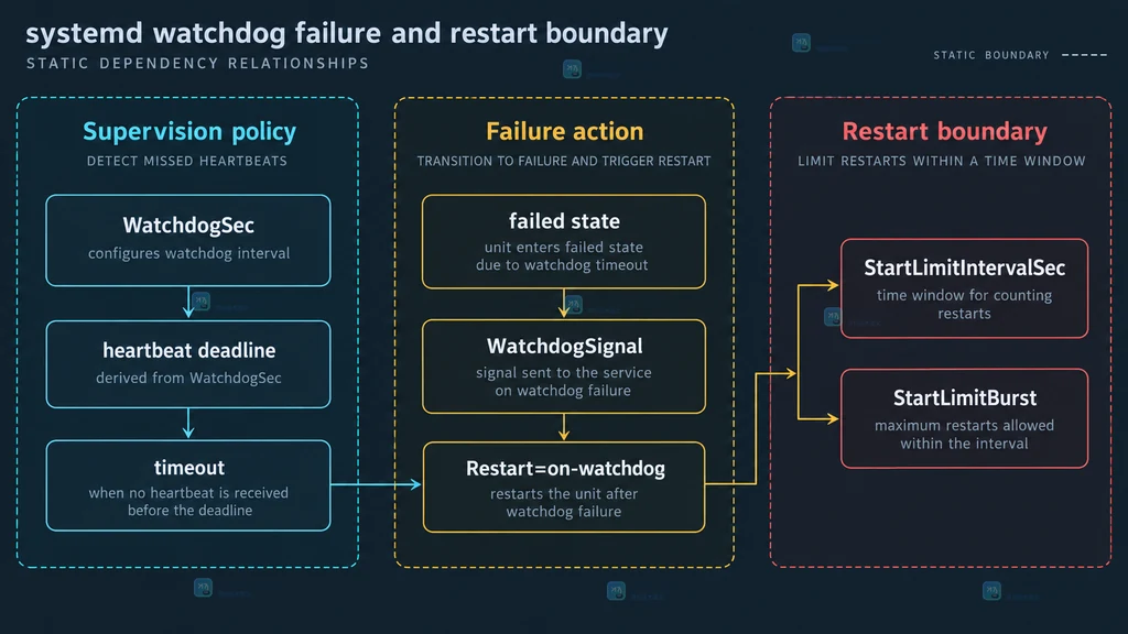 WatchdogSec 超时、failed 状态、WatchdogSignal、Restart=on-watchdog 与启动频率限制的静态边界关系图