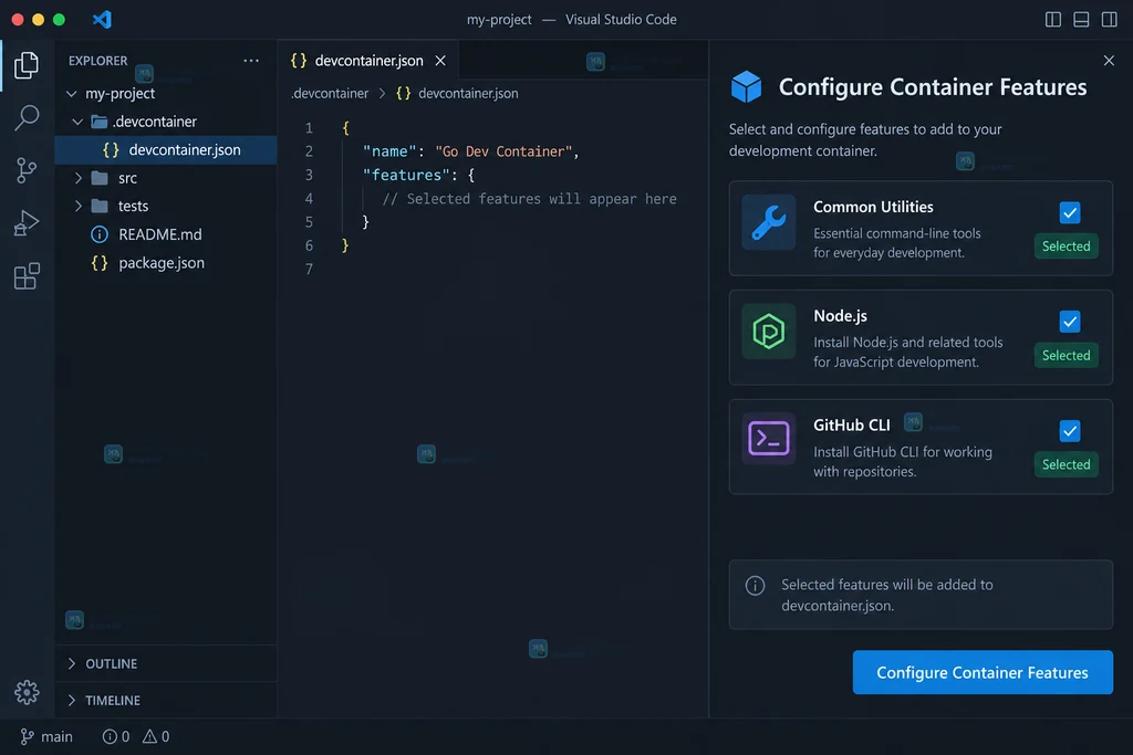 Dev Containers Features 列表与配置文件的原创界面说明