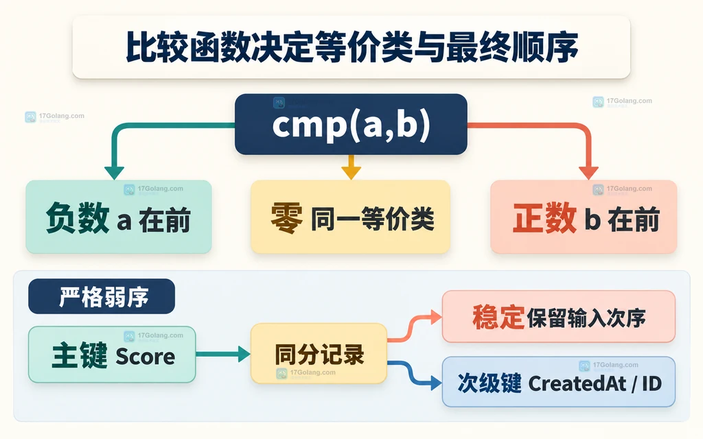 Go 比较函数返回值、等价类和次级键的关系图