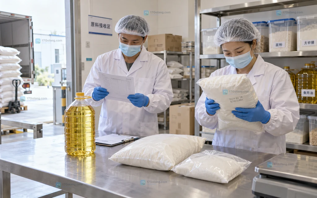 食品小作坊工作人员在原料接收区核对凭证、包装和批次信息