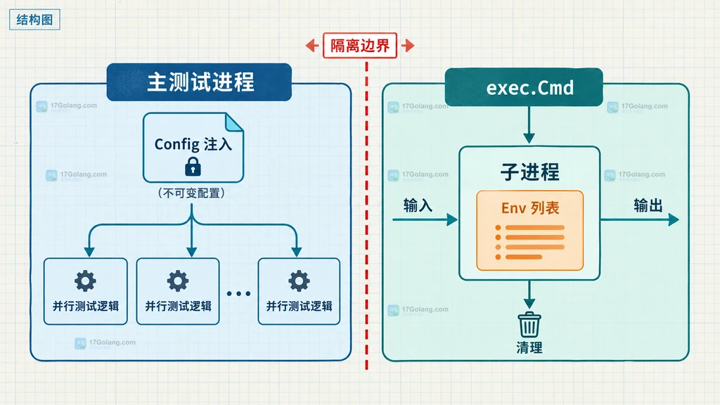 Go 测试通过显式 Config 和 exec.Cmd.Env 建立子进程隔离边界结构图