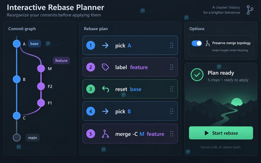 Git 交互式变基计划中 label、reset 和 merge 命令维持分支拓扑的示意图