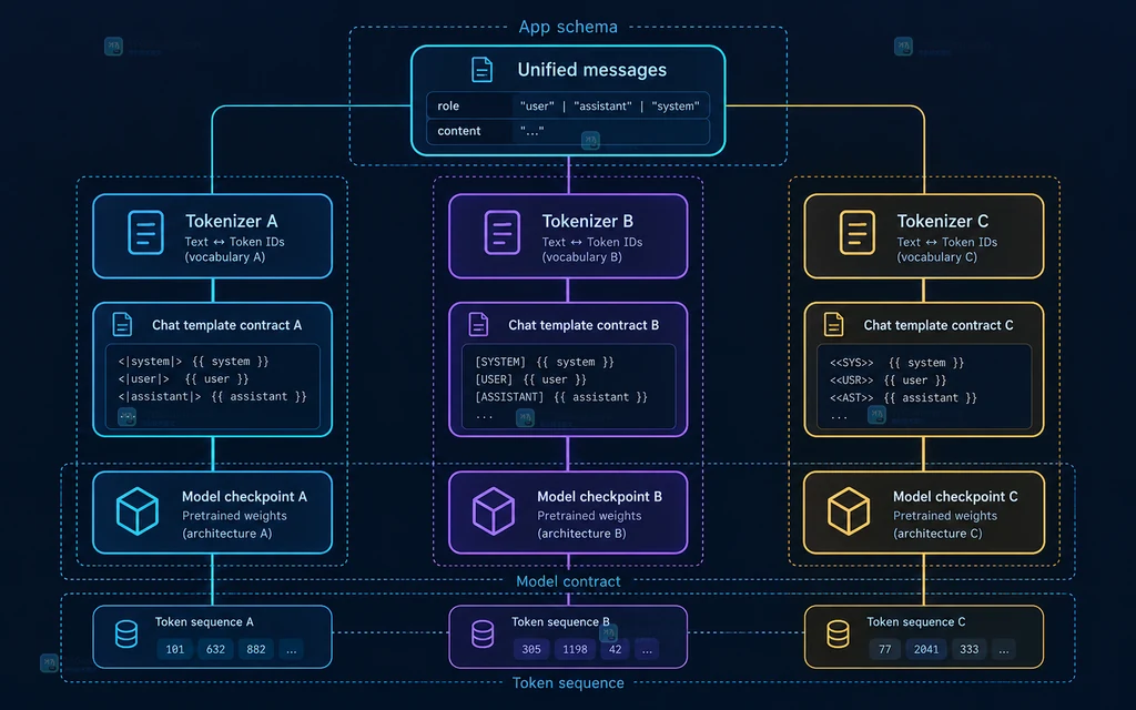 统一 role content 消息连接不同 tokenizer 和各自 chat template 契约的架构图