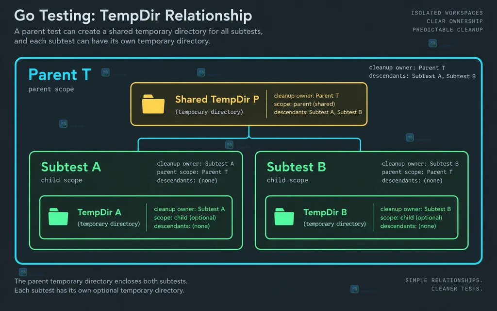 父 testing.T 的共享 TempDir 覆盖全部子测试,子 testing.T 的独立 TempDir 只覆盖自己的子测试树